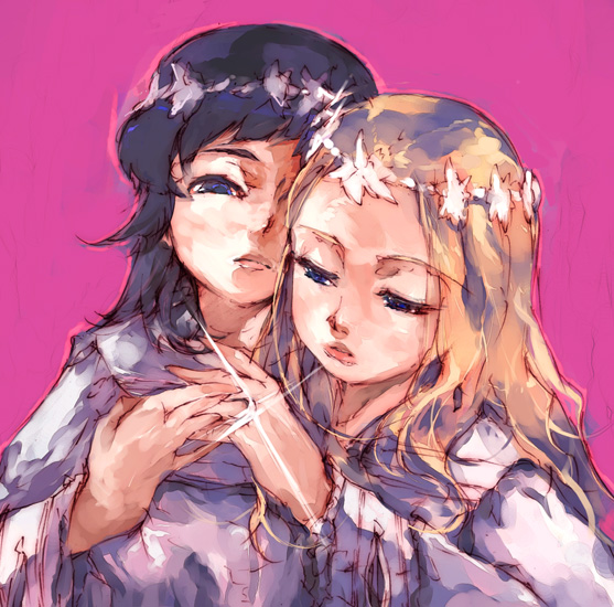 kitano yuusuke, original, 2girls, blonde hair, flower, glint, hair flower, hair ornament, half-closed eyes, head wreath, jewelry, looking at viewer, multiple girls, pink background, ring, simple background, upper body, wedding band