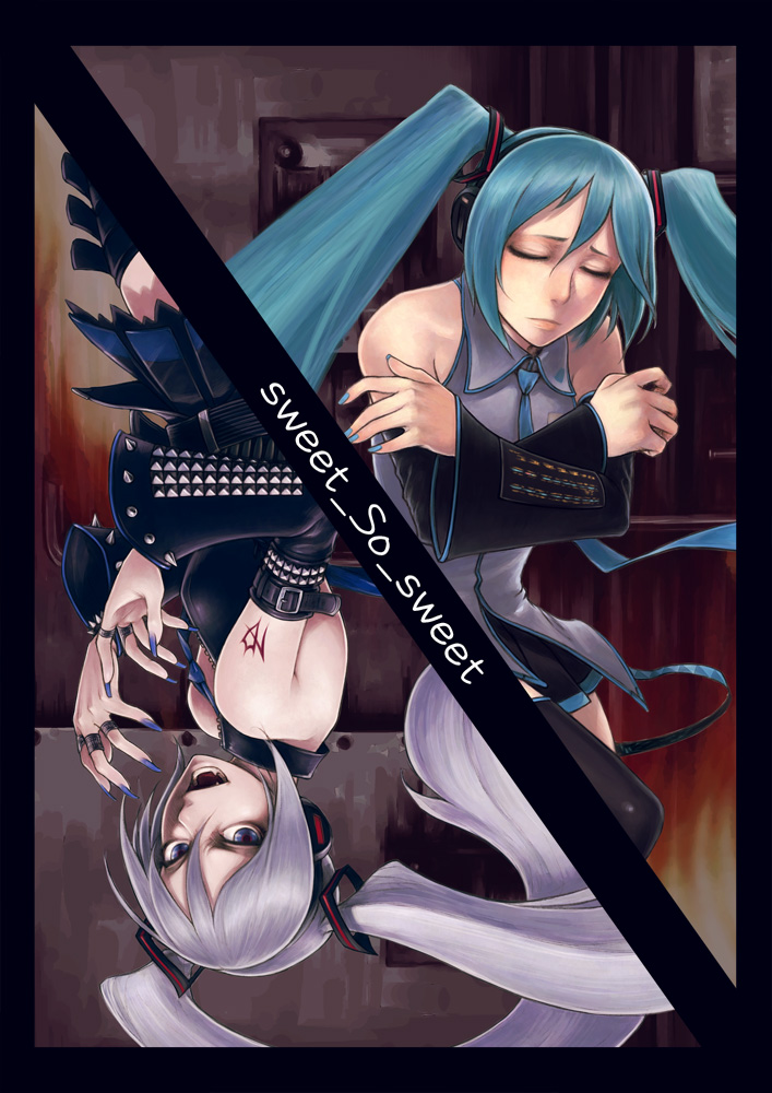 hanji (hansi), hagane miku, hatsune miku, hagane vocaloid, vocaloid, silver hair, 2girls, aqua hair, aqua nails, blue nails, detached sleeves, long hair, multiple girls, nail polish, twintails, very long hair