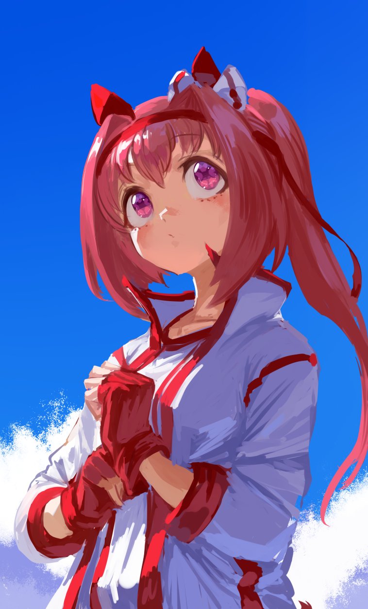 inishie kumo, haru urara (bestest prize) (umamusume), haru urara (umamusume), umamusume, highres, 1girl, animal ears, bandaid, bandaid on leg, blue sky, blush, bow, closed mouth, cloud, ear bow, ear covers, fingerless gloves, flower-shaped pupils, flower in eye, gloves, hairband, headband, horse ears, horse girl, jacket, long hair, outdoors, pink eyes, pink hair, pink headband, ponytail, red gloves, red headband, shirt, sky, solo, symbol-shaped pupils, symbol in eye, upper body, white jacket, white shirt