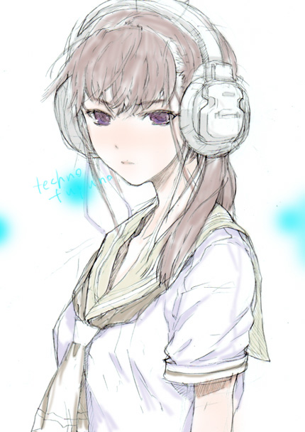 fuyuno haruaki, original, tagme, headphones, school uniform, serafuku, sketch, solo