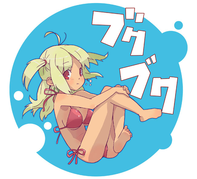 ukke, original, 1girl, barefoot, bikini, breasts, feet, female focus, green hair, red eyes, side-tie bikini bottom, solo, swimsuit, underboob, underwater