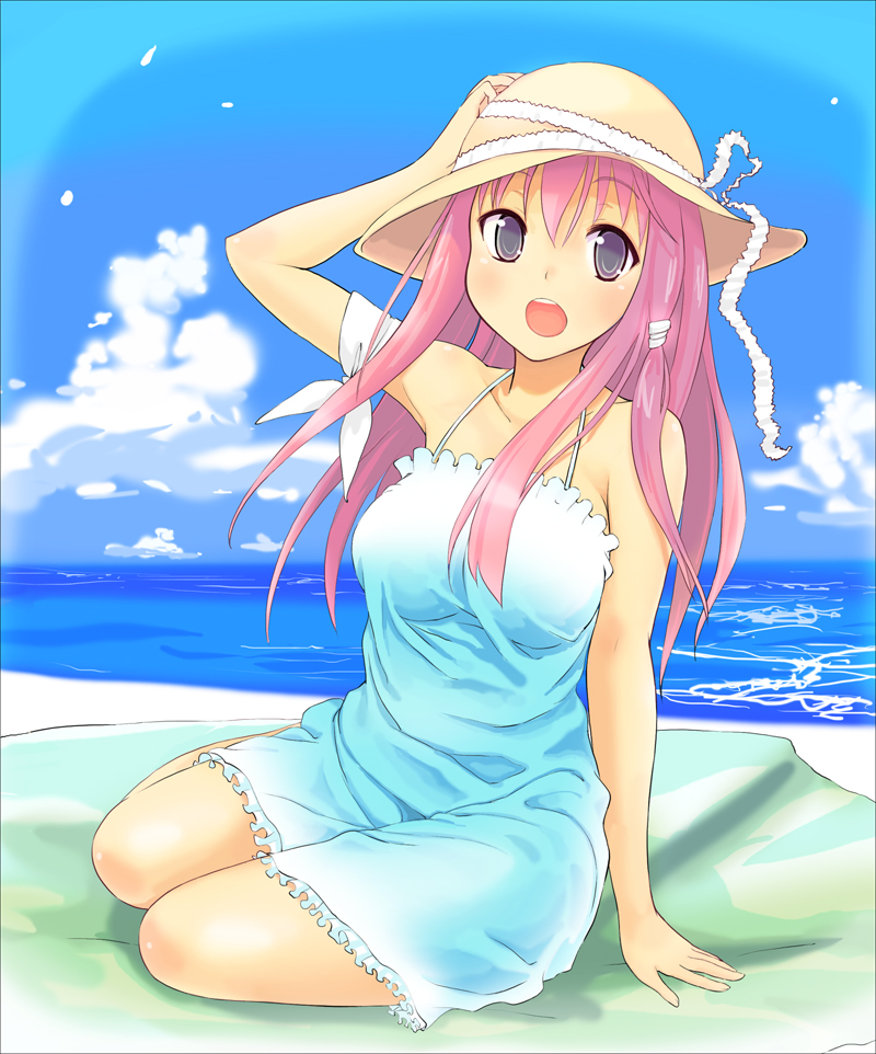 toshiya, original, 1girl, beach, breasts, cloud, day, dress, female focus, hat, large breasts, long hair, outdoors, pink hair, purple eyes, solo
