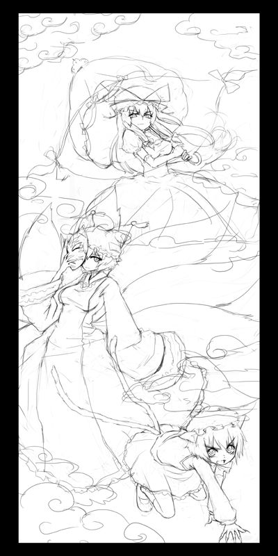 29 (artist), chen, yakumo ran, yakumo yukari, touhou, 3girls, all fours, animal ears, animal hat, border, cat ears, cat girl, dress, female focus, greyscale, hat, long sleeves, looking at viewer, mob cap, monochrome, multiple girls, short hair, simple background, sketch, tassel, white background, wide sleeves