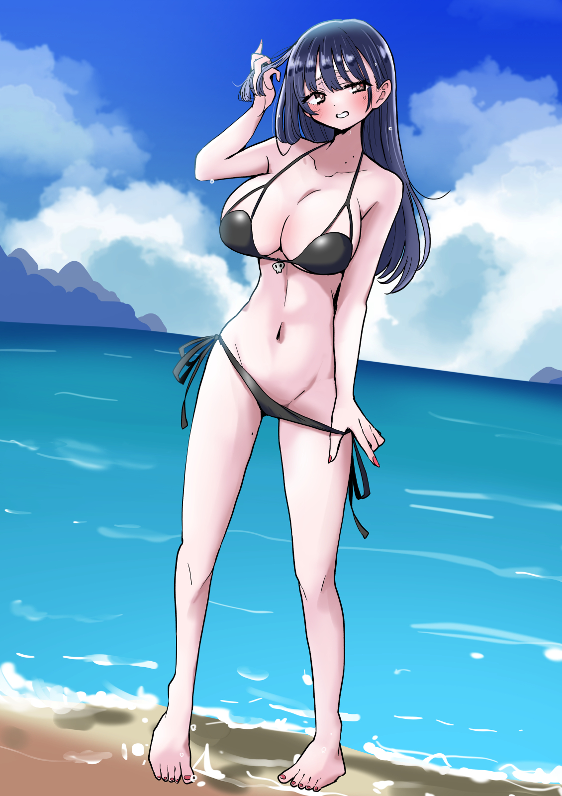 long28, yamada anna, boku no kokoro no yabai yatsu, highres, 1girl, adjusting hair, arm at side, beach, bikini, black bikini, blue hair, blue sky, blush, breasts, collarbone, day, embarrassed, female focus, fingernails, full body, grin, hand up, large breasts, long fingernails, long hair, looking at viewer, mole, mole on neck, mole on thigh, nail polish, navel, nervous smile, ocean, outdoors, red nails, sand, side-tie bikini bottom, sky, smile, solo, standing, swimsuit, tall female, teeth, toenail polish, toenails, toes, water, yellow eyes