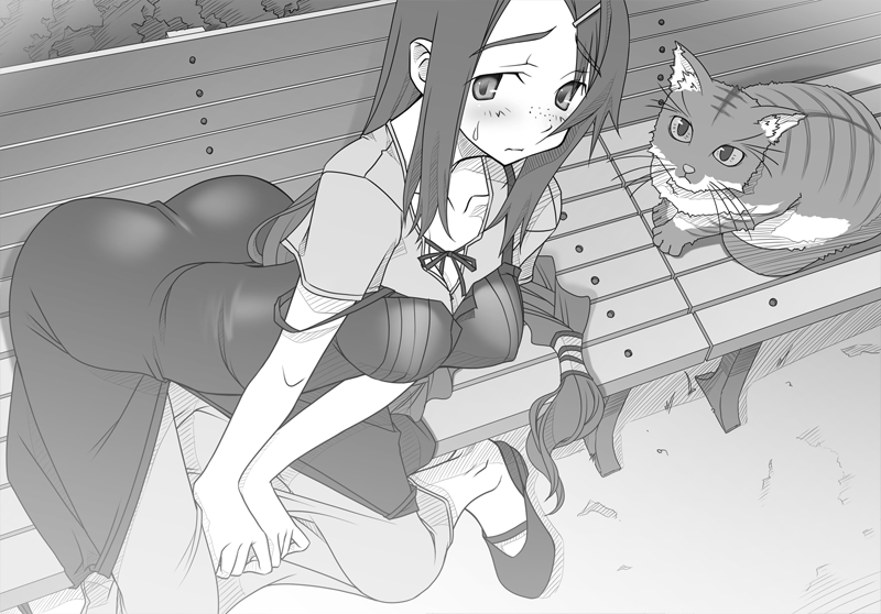 sakuya tsuitachi, original, cat, dress, freckles, greyscale, hair ornament, hairclip, monochrome, solo