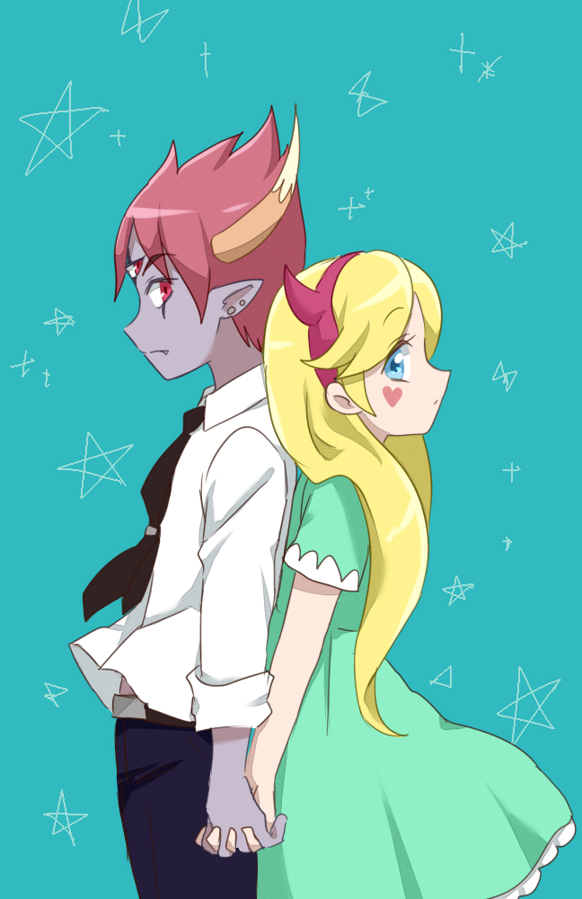 nuntaso, star butterfly, tom lucitor, star vs the forces of evil, blonde hair, colored skin, demon boy, demon horns, facial mark, fake horns, fang, grey skin, hairband, heart, heart cheeks, heart facial mark, horns, long hair, marking on cheek, monster boy, pointy ears