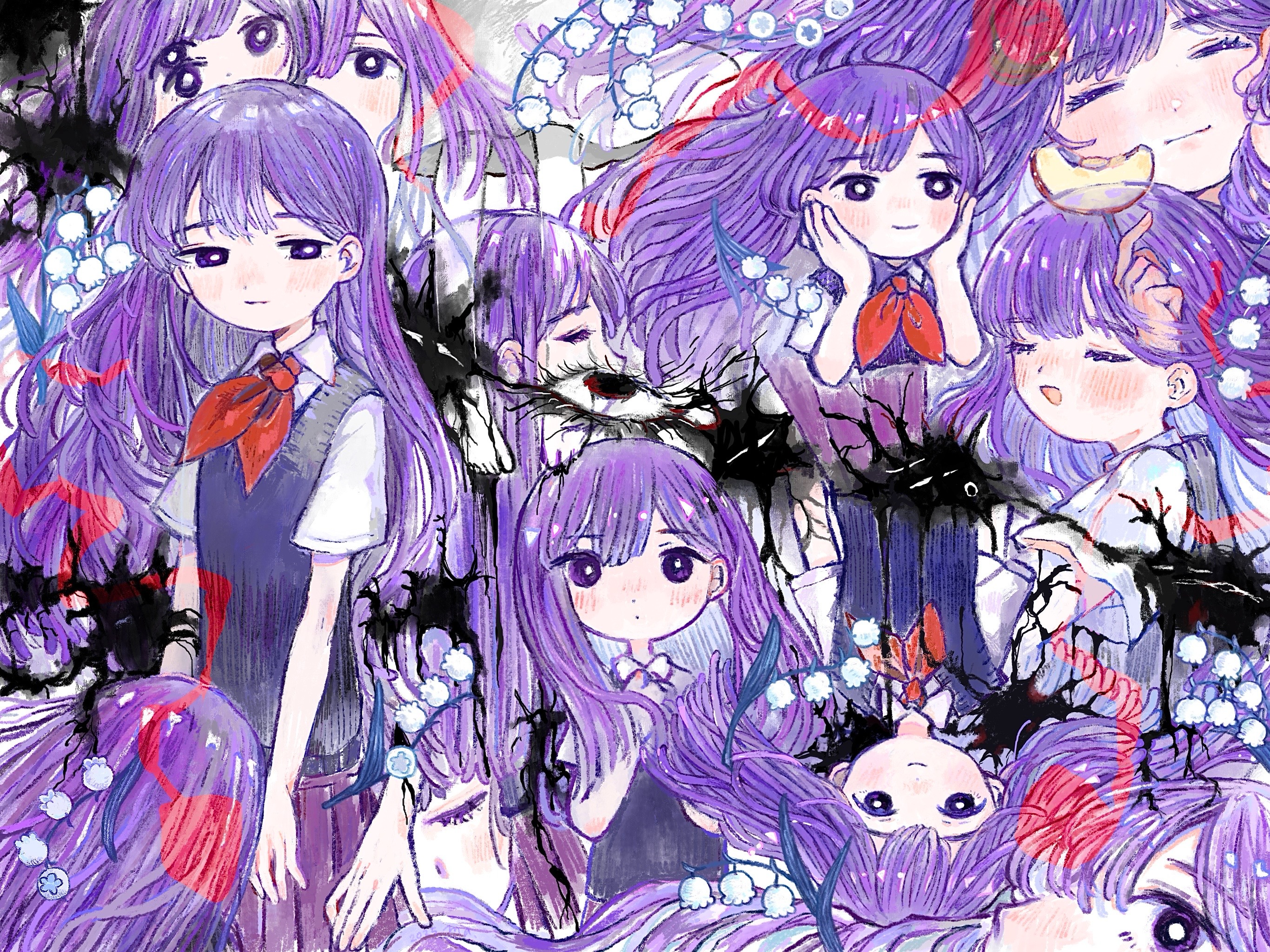 epipoxyp, mari (headspace) (omori), mari (omori), something (omori), omori, highres, spoilers, 1girl, alternate skin color, black sweater vest, blush, bright pupils, closed eyes, closed mouth, collared shirt, double-parted bangs, flower, lily of the valley, long hair, looking at viewer, neckerchief, open mouth, pleated skirt, purple eyes, purple hair, red neckerchief, red skirt, shirt, short sleeves, skirt, smile, solo, sweater vest, white pupils, white shirt