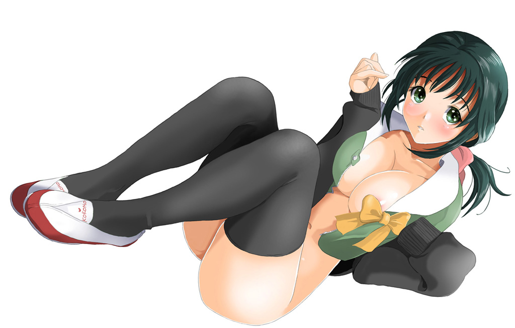 ryouzou, kokono asou, better girls, original, 1girl, blush, bottomless, breasts, cleavage, female focus, green eyes, green hair, hair ribbon, matching hair/eyes, open clothes, open shirt, ponytail, ribbon, shirt, simple background, solo, thighhighs