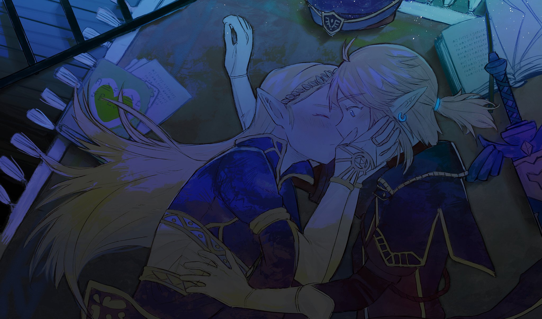 nintendo, the legend of zelda, the legend of zelda: breath of the wild, highres, 1boy, 1girl, beret, blue eyes, blue shirt, blush, bridal gauntlets, closed eyes, couple, earrings, gloves, gold trim, hair tie, hand on another's cheek, hand on another's face, hat, hetero, imminent kiss, jewelry, looking at another, low ponytail, master sword, meli 403 mika, military hat, military uniform, notebook, pointy ears, ponytail, royal guard set (zelda), rug, shirt, sword, tassel, tiara, unworn hat, unworn headwear, upper body, weapon, white gloves