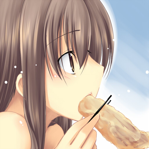 nagami yuu, original, brown eyes, brown hair, chicken (food), chopsticks, eating, food, sexually suggestive, solo