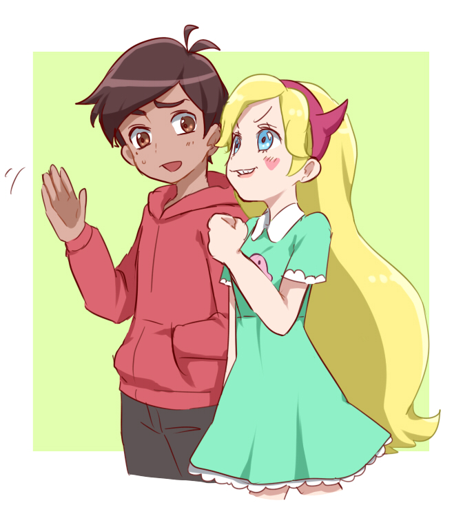 nuntaso, marco diaz, star butterfly, star vs the forces of evil, 1boy, 1girl, blonde hair, blue eyes, blush, brown eyes, brown hair, dark-skinned male, dark skin, dress, facial mark, fake horns, hairband, heart, heart cheeks, heart facial mark, horn hairband, horns, long hair, marking on cheek, markings on cheeks, mole, mole under eye, open mouth, smile