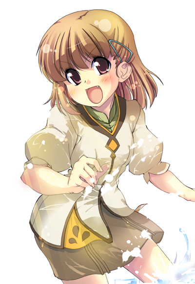 batten, rosetta, rune factory, 1girl, 2000s (style), :d, brown eyes, brown hair, cowboy shot, fang, fingernails, hair ornament, hairclip, in water, open mouth, pale skin, short hair, skirt, smile, solo, straight hair, v-shaped eyebrows, white background