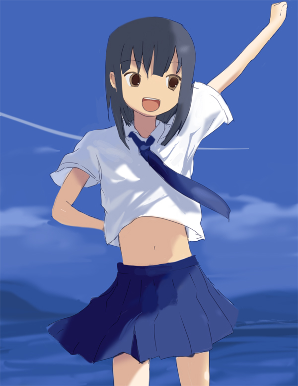 tsukino hp, original, 1girl, :d, black hair, blue skirt, blunt bangs, brown eyes, day, female focus, horizon, midriff, navel, neckerchief, ocean, open mouth, outdoors, pleated skirt, school uniform, serafuku, skirt, sky, smile, solo, stomach, water