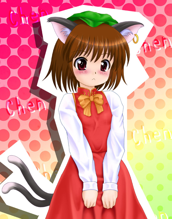 aoi kanan, chen, touhou, 1girl, :<, animal ears, brown hair, cat ears, cat girl, cat tail, earrings, female focus, hat, jewelry, multiple tails, purple eyes, short hair, solo, tail