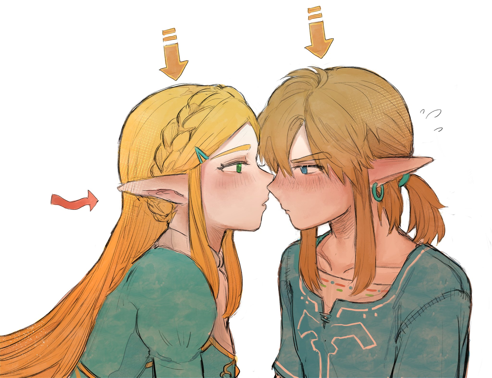link, princess zelda, nintendo, the legend of zelda, the legend of zelda: breath of the wild, highres, 1boy, 1girl, arrow (symbol), blue eyes, blue shirt, blue tunic, blush, braid, couple, crown braid, earrings, gold trim, green eyes, hair between eyes, hair ornament, hairclip, hetero, imminent kiss, jewelry, juliet sleeves, leaning forward, long hair, long sleeves, looking at another, low ponytail, meli 403 mika, parted bangs, parted lips, pointy ears, ponytail, puffy sleeves, shirt, sidelocks, tunic, upper body, white background