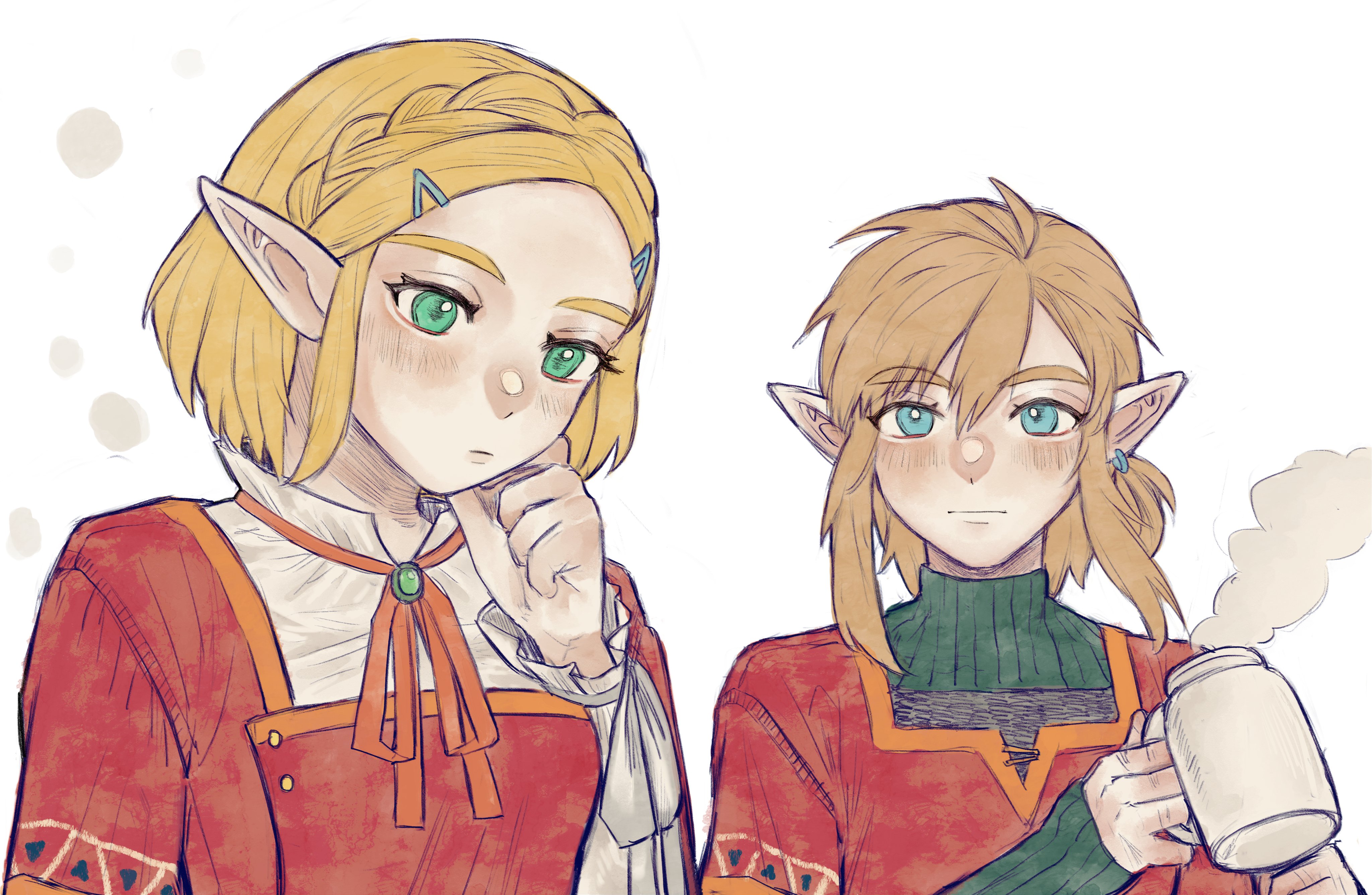 link, princess zelda, nintendo, the legend of zelda, the legend of zelda: breath of the wild, the legend of zelda: tears of the kingdom, absurdres, highres, 1boy, 1girl, blonde hair, blue eyes, blush, braid, collared shirt, crown braid, cup, earrings, green eyes, hair between eyes, hand on own chin, holding, holding cup, jewelry, low ponytail, medium hair, meli 403 mika, neck ribbon, official alternate costume, parted bangs, pointy ears, ponytail, red tunic, ribbon, shirt, short hair, sidelocks, steaming cup, sweater, tunic, turtleneck, turtleneck sweater, upper body, white background, white shirt