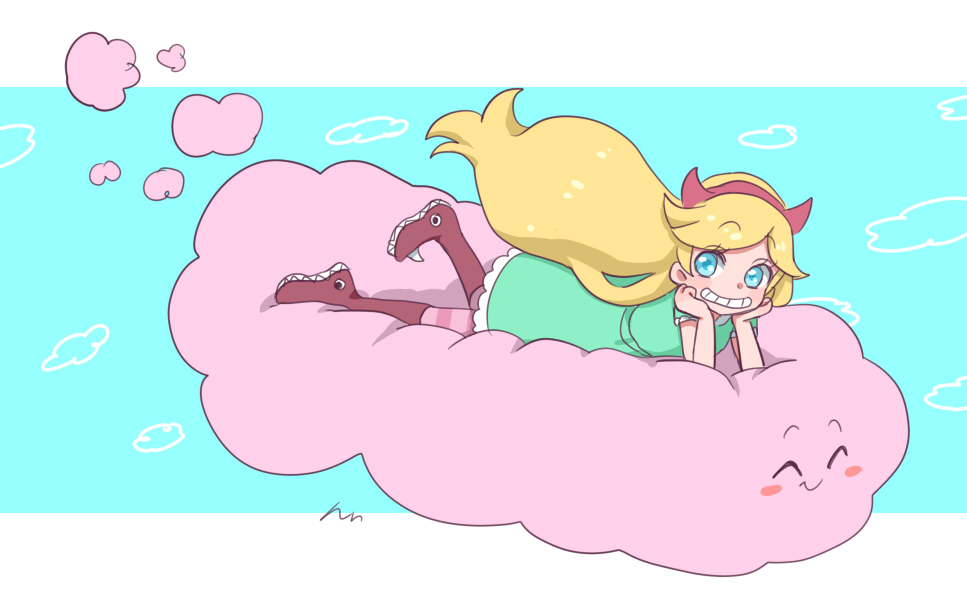 nuntaso, star butterfly, star vs the forces of evil, 1girl, aqua dress, blonde hair, blue eyes, boots, cloud, dress, fake horns, grin, hairband, horn hairband, horns, long hair, smile