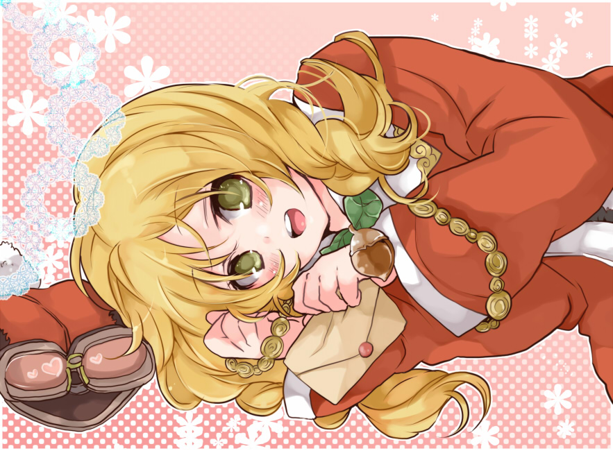 konoha2014, anette, rune factory, rune factory frontier, 1girl, 2000s (style), :d, acorn, blonde hair, braid, floral background, goggles, goggles on headwear, green eyes, holding, holding letter, leaf, letter, light blush, open mouth, pink background, sideways, smile, solo, twin braids, unworn headwear, upper body, wide sleeves