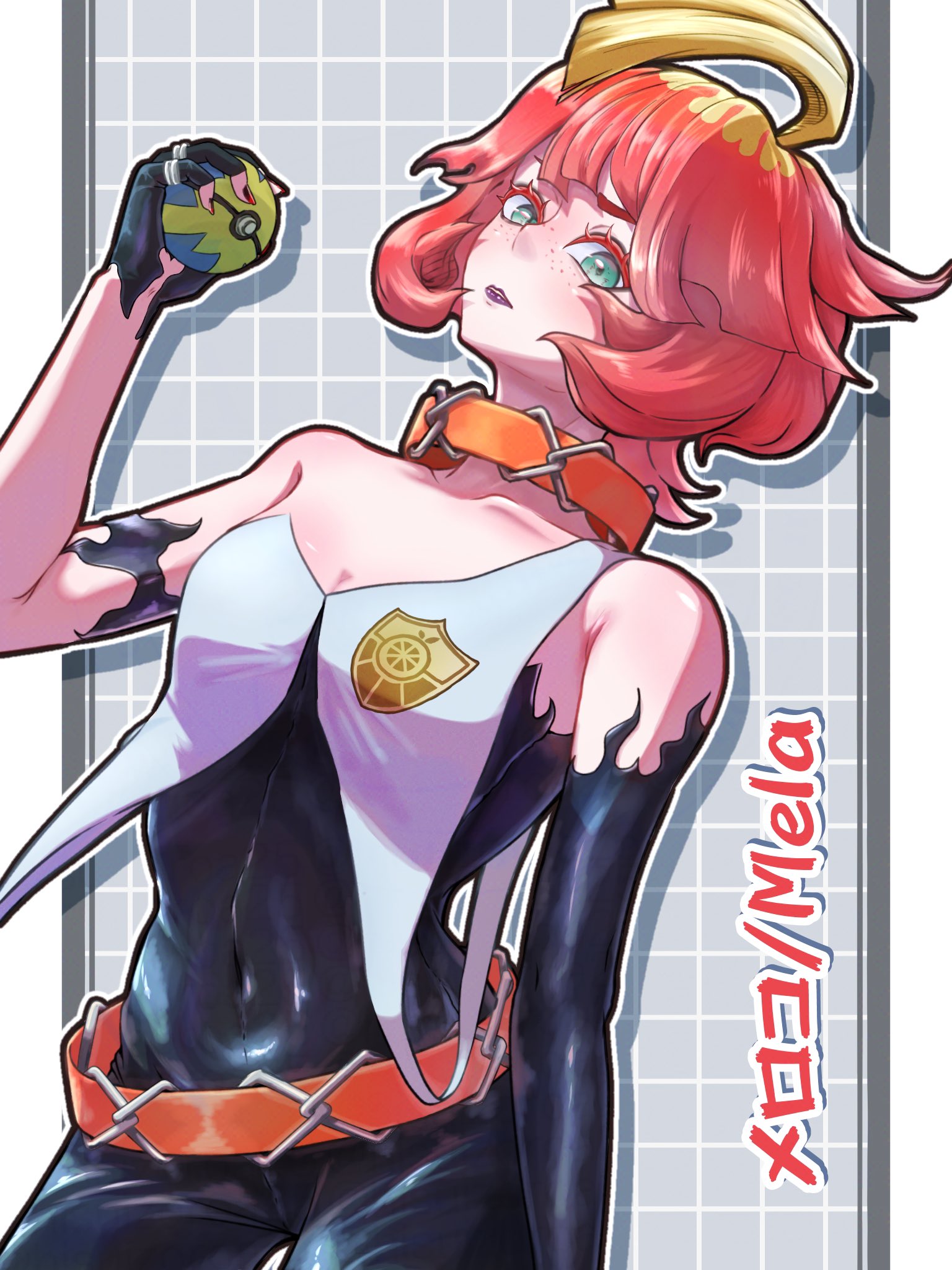 mela (pokemon), nintendo, pokemon, pokemon sv, highres, 1girl, ahoge, bare shoulders, belt, black gloves, blonde hair, blush, bodysuit, breasts, collar, collarbone, covered navel, cowboy shot, detached collar, elbow gloves, freckles, gloves, green eyes, hisuizoroa25, holding, holding poke ball, looking at viewer, multicolored hair, orange belt, orange collar, poke ball, quick ball, red hair, short hair, single elbow glove, solo, team star, two-tone hair