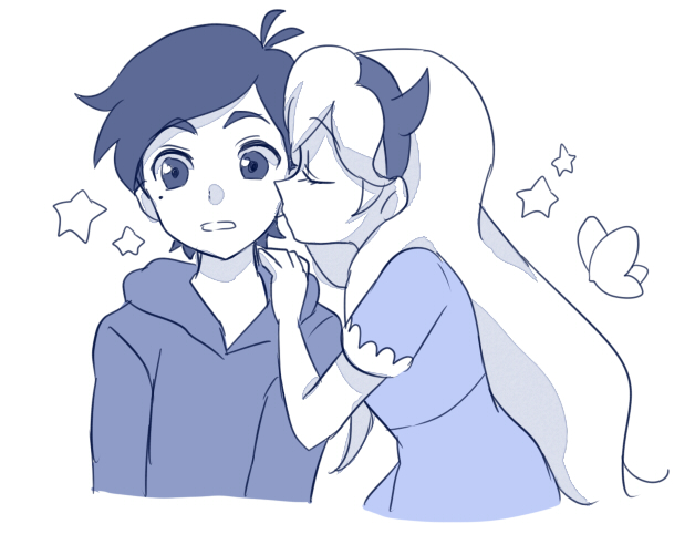 nuntaso, marco diaz, star butterfly, star vs the forces of evil, 1boy, 1girl, fake horns, hetero, hood, hoodie, horns, kiss, kissing cheek, long hair, mole, mole under eye, star (symbol)