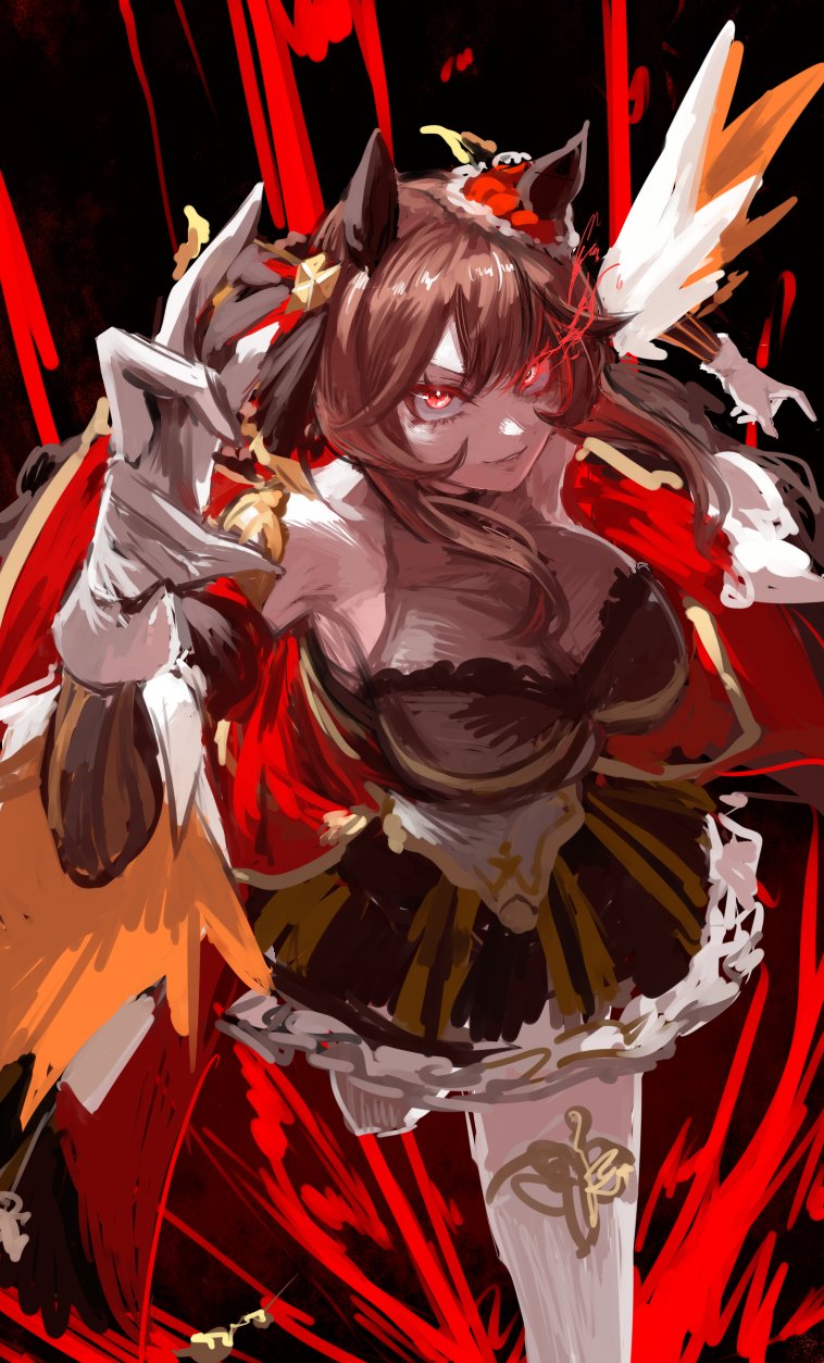 inishie kumo, gentildonna (regina dei fiori) (umamusume), gentildonna (umamusume), umamusume, highres, 1girl, animal ears, black dress, breasts, brown hair, cape, cleavage, corset, detached sleeves, dress, ear covers, ear ornament, evil smile, gloves, glowing, glowing eyes, hair between eyes, hair ornament, heart-shaped ornament, heart ear ornament, horse ears, horse girl, large breasts, long hair, looking at viewer, parted lips, red cape, red eyes, see-through cleavage, see-through clothes, smile, solo, thighhighs, waist cape, white gloves, white thighhighs