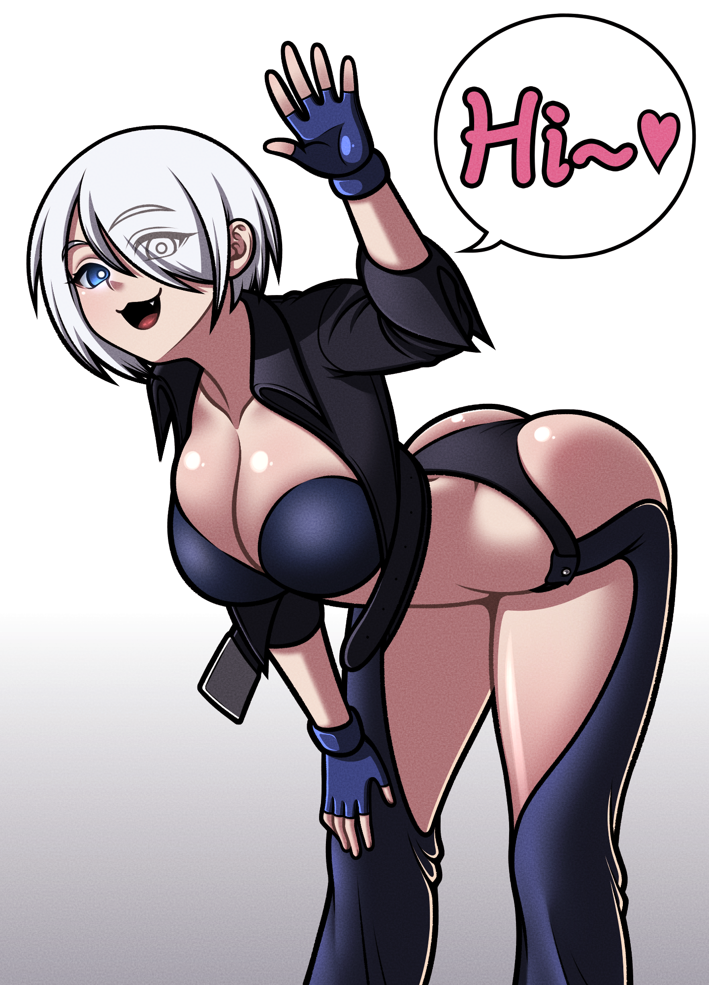 eron, angel (kof), snk, the king of fighters, highres, 1girl, ass, bent over, black jacket, black panties, blue chaps, blue gloves, blue tube top, breasts, chaps, cleavage, collarbone, cropped jacket, eyelashes, eyes visible through hair, fang, feet out of frame, female focus, fingerless gloves, gloves, gradient background, grey background, hair over one eye, hand on own knee, hand up, jacket, large breasts, leather, leather jacket, long sleeves, looking at viewer, open mouth, panties, short hair, smile, solo, speech bubble, standing, strapless, tube top, two-tone background, underwear, white background, white hair