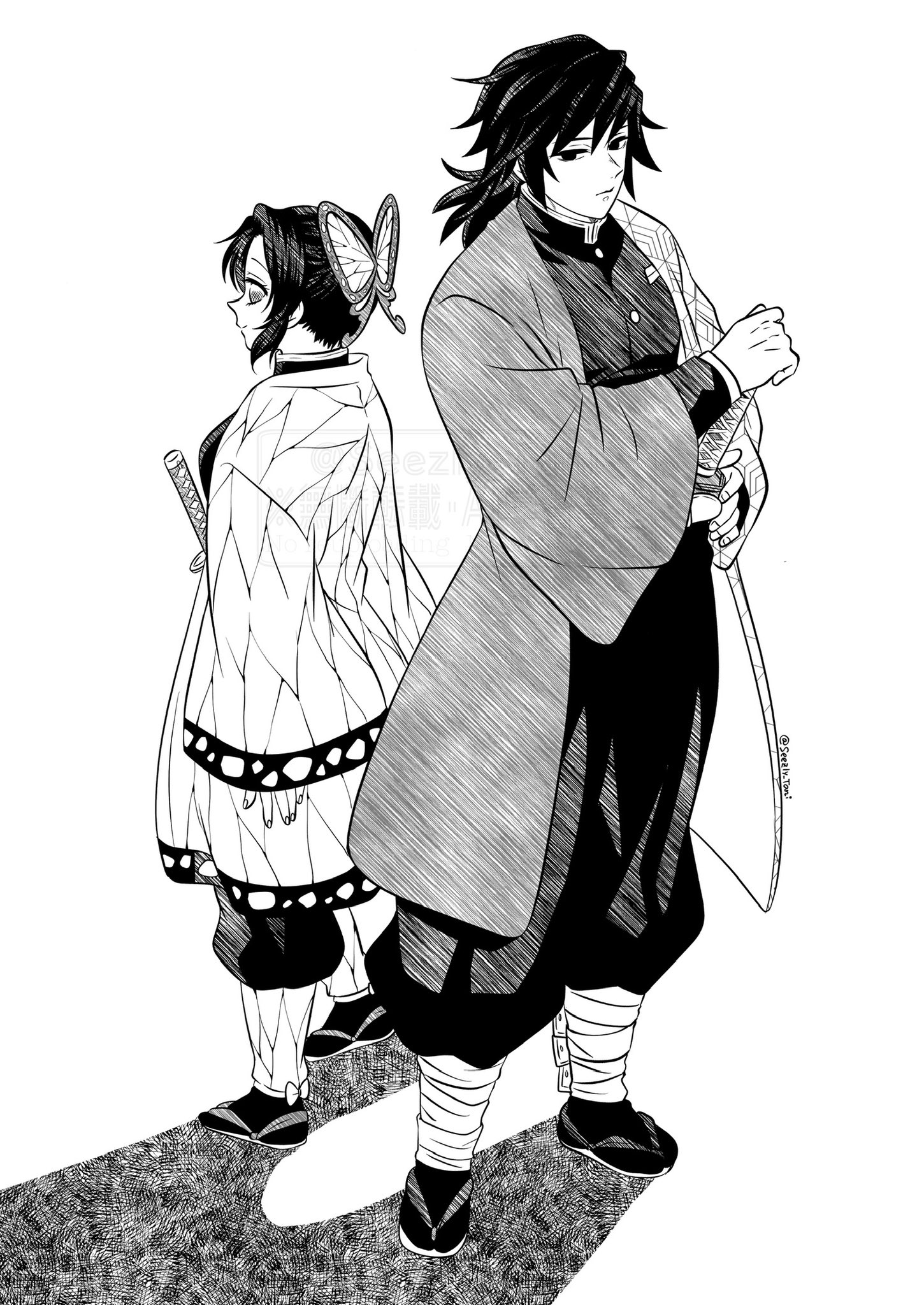 seezly tani, kochou shinobu, tomioka giyuu, kimetsu no yaiba, highres, 1boy, 1girl, animal print, back-to-back, baggy pants, bandaged leg, bandages, black jacket, black pants, breasts, butterfly hair ornament, butterfly print, buttons, demon slayer uniform, full body, greyscale, hair between eyes, hair ornament, haori, holding, holding sword, holding weapon, jacket, japanese clothes, katana, long hair, low ponytail, medium breasts, monochrome, pants, parted bangs, ponytail, print haori, sandals, sidelocks, smile, standing, sword, updo, weapon, white background