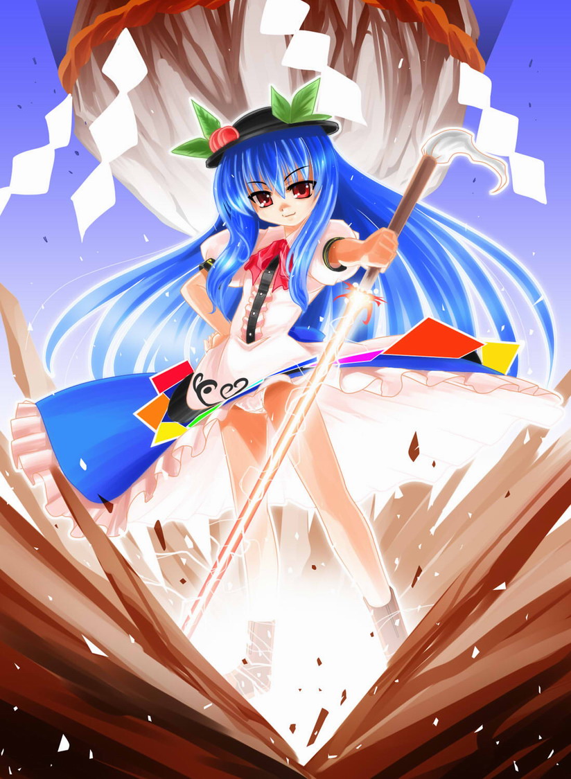 hisame genta, hinanawi tenshi, touhou, non-web source, 1girl, blue hair, female focus, food, fruit, hat, kaname-ishi, long hair, panties, peach, rope, shide, shimenawa, solo, sword, sword of hisou, underwear, weapon