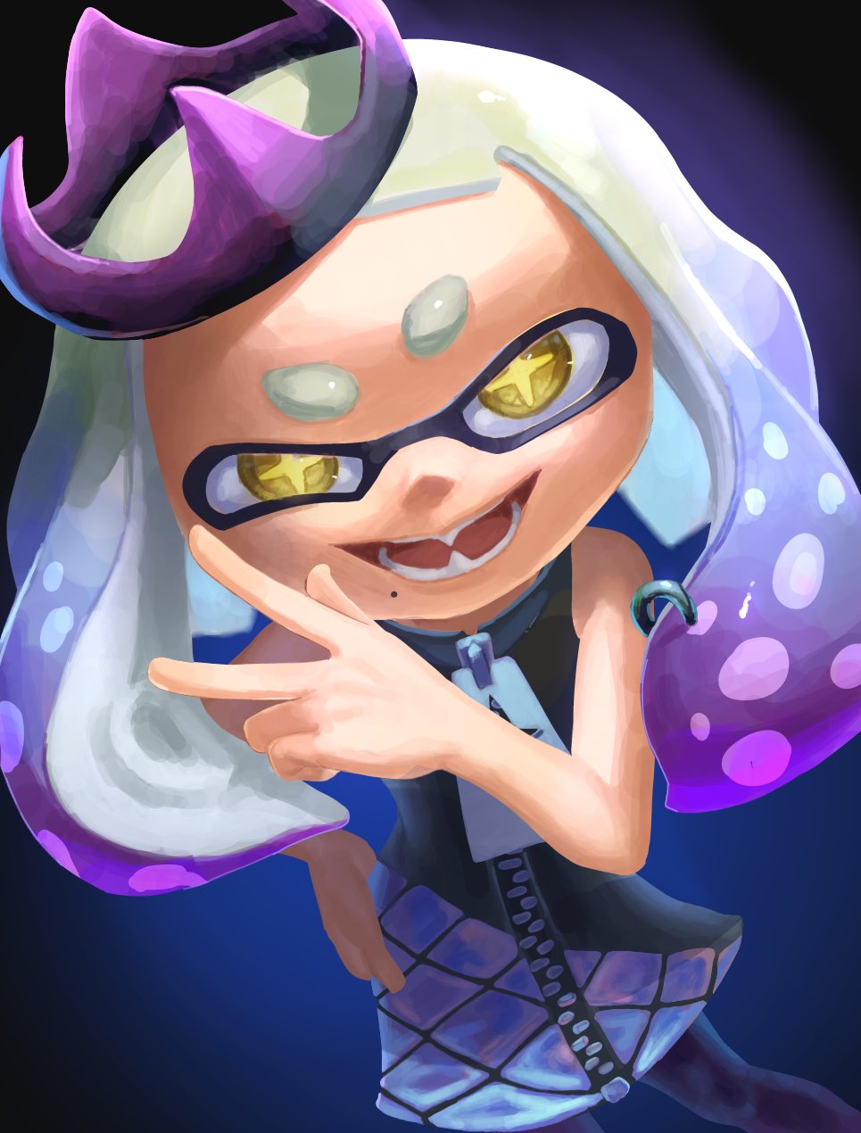dbwuqldvec82805, pearl (splatoon), nintendo, splatoon (series), splatoon 2, highres, crown, dress, fangs, gradient hair, hand on own hip, inkling, mole, mole under mouth, multicolored hair, open mouth, pink hair, short eyebrows, tentacle hair, thick eyebrows, two-tone hair, v, white hair, yellow eyes, zipper pull tab