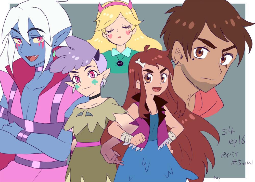 nuntaso, star butterfly, star vs the forces of evil, blonde hair, dress, facial mark, fake horns, hairband, heart, heart cheeks, heart facial mark, horn hairband, horns, looking at viewer, marking on cheek, meteora butterfly, monster girl, multiple girls, open mouth