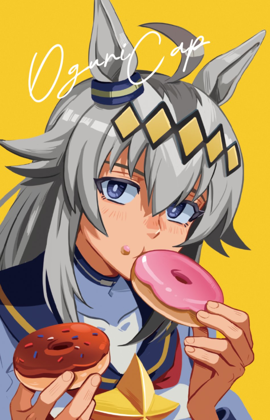 oguri cap (starlight beat) (umamusume), oguri cap (umamusume), umamusume, highres, 1girl, ahoge, animal ears, blue eyes, blue sailor collar, boro^2, brooch, closed mouth, crumbs, donut, ear ornament, eating, food, grey hair, hair between eyes, hair ornament, hairband, holding, holding donut, holding food, horse ears, horse girl, jewelry, long hair, long sleeves, looking at viewer, multicolored hair, neckerchief, red neckerchief, sailor collar, shirt, simple background, solo, star brooch, upper body, white shirt