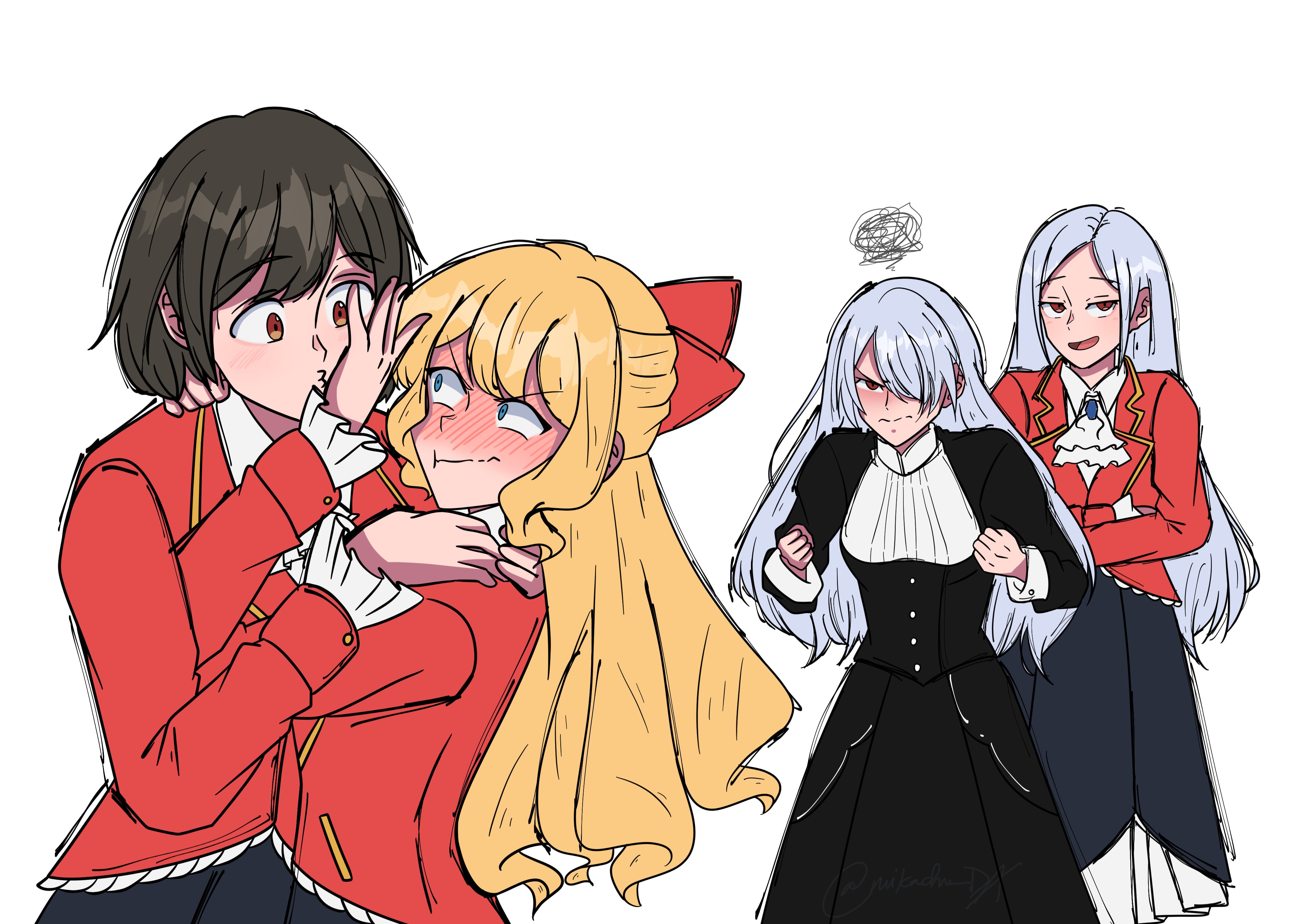 claire francois, misha jur, rae taylor, watashi no oshi wa akuyaku reijou, absurdres, commentary, english commentary, highres, 4girls, ascot, black corset, black hair, black skirt, blonde hair, blue eyes, blush, bow, collared shirt, corset, full-face blush, hair bow, lilly lillium, long hair, long skirt, long sleeves, medium hair, mikachu da, multiple girls, pleated skirt, red bow, red eyes, red shirt, school uniform, shirt, skirt, white ascot, white hair