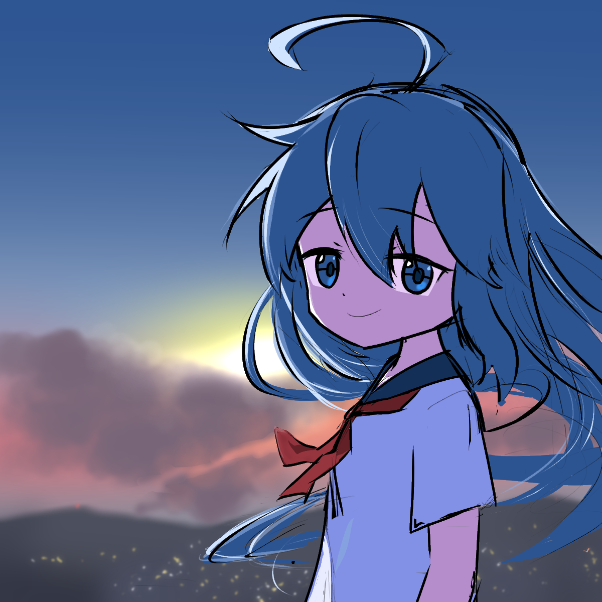 wingcat, original, commentary request, highres, korean commentary, 1girl, ahoge, blue eyes, blue hair, blue sailor collar, blue sky, bow, bowtie, cloud, cloudy sky, dot nose, from side, hair between eyes, landscape, long hair, looking at viewer, mountainous horizon, orange sky, raised eyebrows, red bow, sailor collar, scenery, school uniform, serafuku, shirt, sketch, sky, smile, solo, standing, sun, swept bangs, twilight, upper body, white shirt