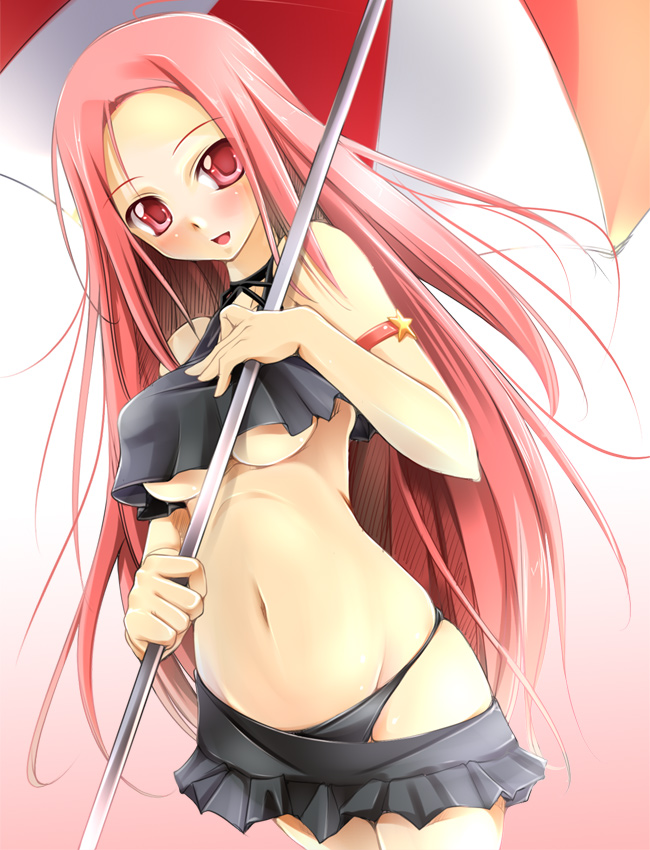 fct, sara da pranzo, sdp, lucia, lucia (pangya), pangya, 1girl, breasts, female focus, long hair, midriff, navel, panties, pink eyes, pink hair, solo, umbrella, underboob, underwear