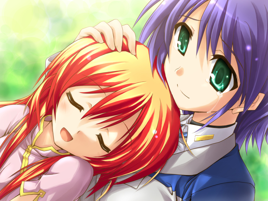 kusakami akira, ixveria, subaru nakajima, teana lanster, lyrical nanoha, mahou shoujo lyrical nanoha, mahou shoujo lyrical nanoha strikers, mahou shoujo lyrical nanoha strikers sound stage x, 00s, 2girls, blue hair, china dress, chinese clothes, closed eyes, dress, green eyes, long hair, multiple girls, orange hair, red hair, short hair, sleeping, smile, tears