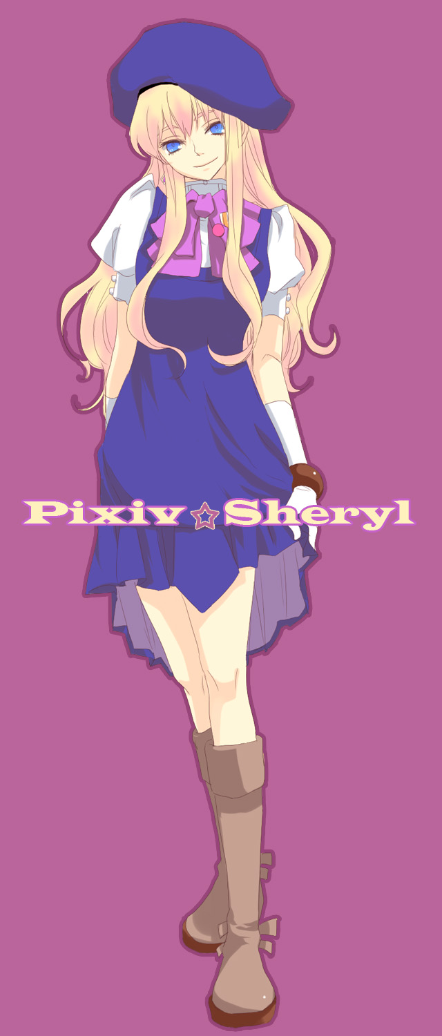 akieru nomaki, sheryl nome, macross, macross frontier, highres, 00s, beret, blonde hair, blue eyes, boots, dress, hair ornament, hairclip, hat, smile, solo