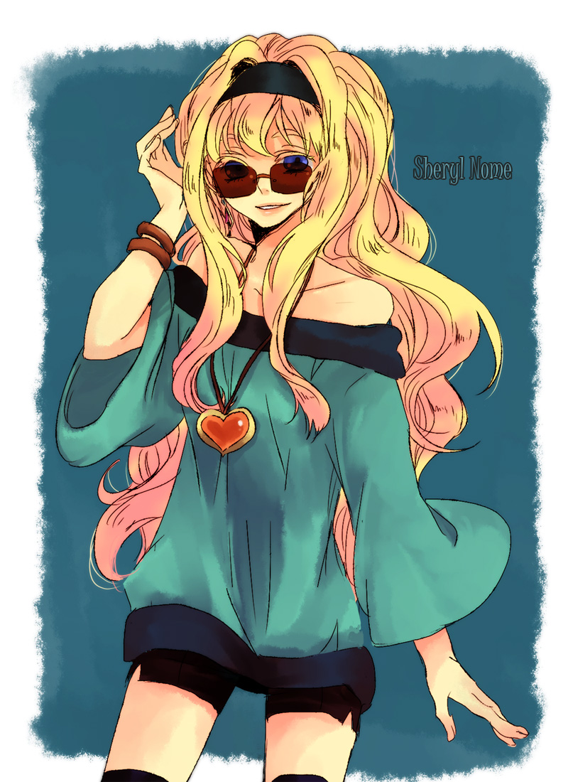 akieru nomaki, sheryl nome, macross, macross frontier, bad id, bad pixiv id, 00s, bare shoulders, blonde hair, blue eyes, bracelet, curly hair, glasses, hairband, headband, jewelry, necklace, shorts, solo, sunglasses, thighhighs