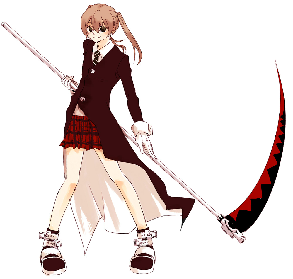 akieru nomaki, maka albarn, soul eater, bad id, bad pixiv id, 00s, brown hair, cloak, gloves, plaid clothes, plaid skirt, scythe, skirt, solo
