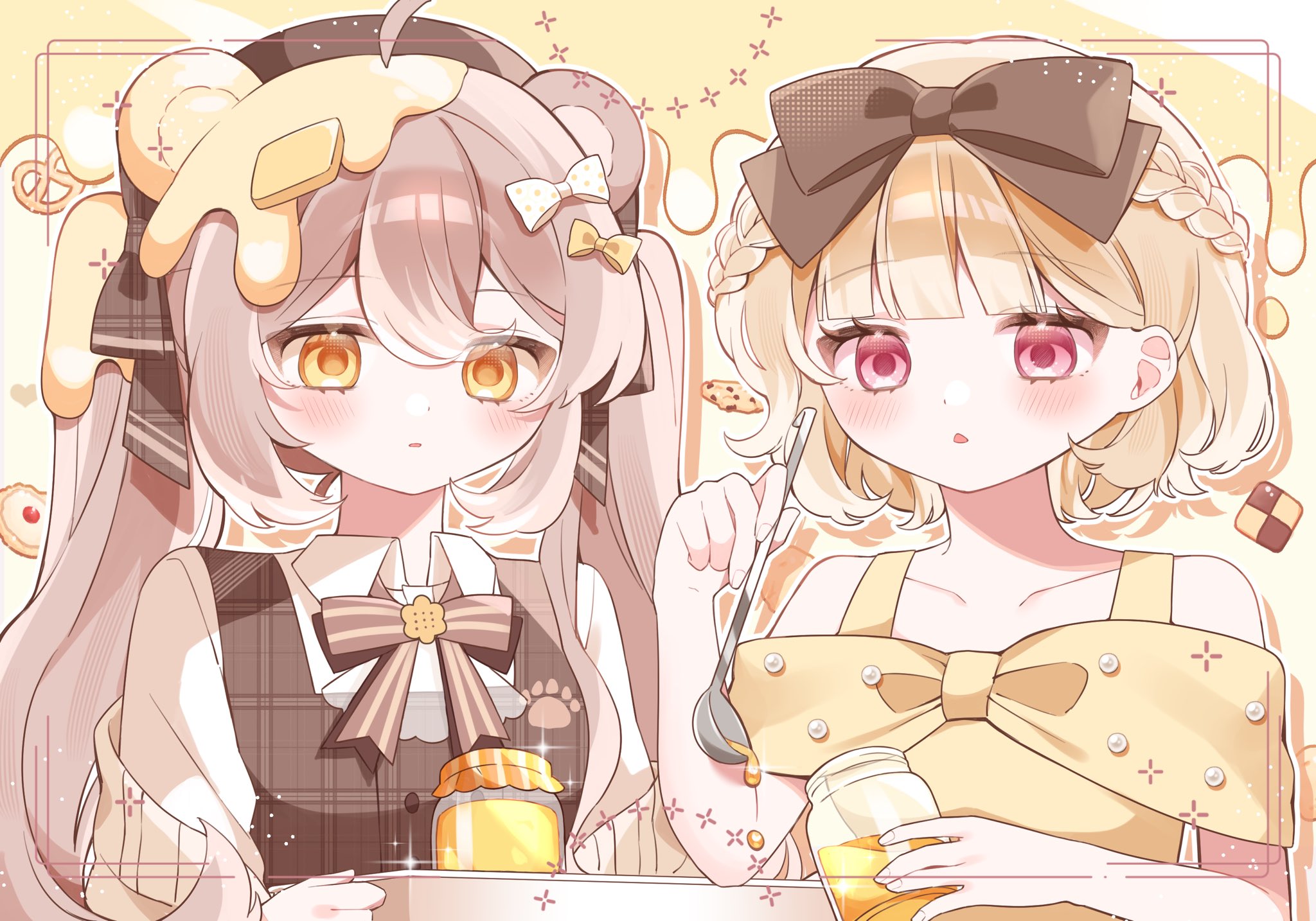 omurice 2cm, original, commentary, highres, symbol-only commentary, 2girls, ||/, animal ears, bare shoulders, bear ears, bear girl, blonde hair, blunt bangs, blush, bow, bowtie, braid, breasts, brown bow, brown bowtie, brown hair, brown hat, brown sweater vest, butter, chestnut mouth, chocolate chip cookie, collarbone, cookie, double-parted bangs, expressionless, fingernails, food, hair behind ear, hair between eyes, hair bow, halftone, halterneck, hand up, hat, hat bow, holding, holding jar, inset border, jar, long sleeves, looking at object, multiple girls, off-shoulder shirt, off shoulder, open mouth, outline, pale skin, parted lips, pink eyes, plaid bow, plaid clothes, plaid sweater vest, pretzel, shirt, short hair, short sleeves, side-by-side, sidelocks, simple background, small breasts, striped bow, striped bowtie, striped clothes, sweater vest, tray, twintails, upper body, white outline, white shirt, yellow background, yellow eyes, yellow shirt