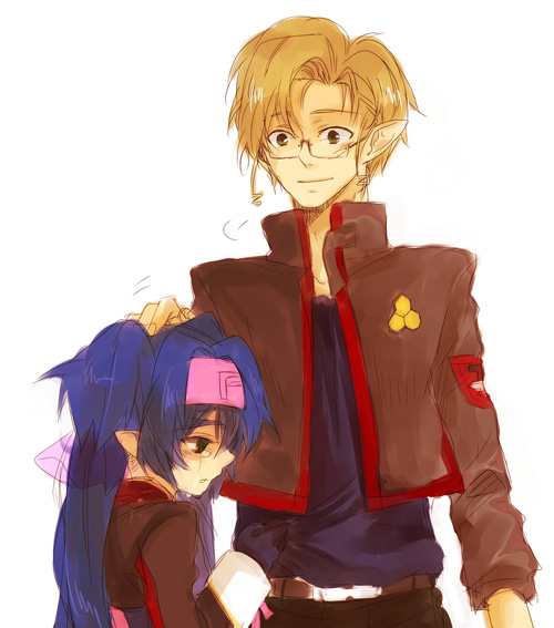 akieru nomaki, klan klein, mikhail buran, macross, macross frontier, 00s, 1boy, 1girl, blonde hair, blue eyes, blue hair, clothes grab, headband, headpat, hexagon, long hair, motion lines, parted lips, pointy ears, profile, shirt, shirt grab, short hair, tears, white background, yellow eyes
