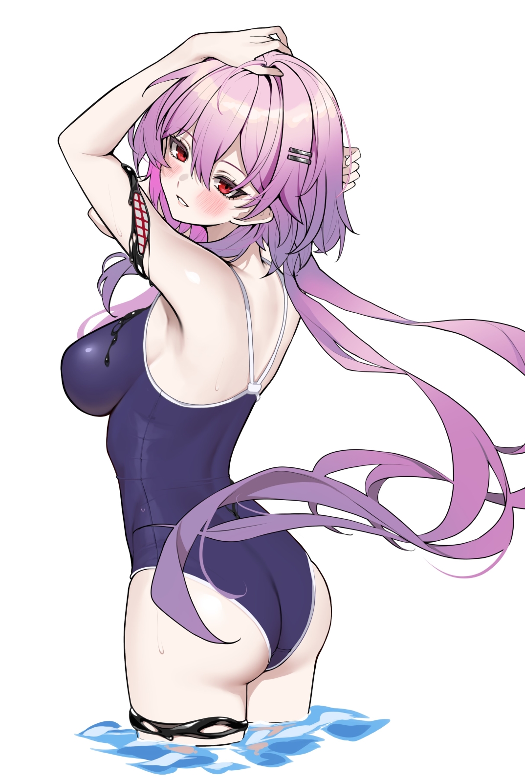matrix16, evernight (honkai: star rail), march 7th (honkai: star rail), honkai: star rail, honkai (series), commentary request, highres, 1girl, alternate costume, arm up, ass, blue one-piece swimsuit, blush, breasts, from side, hair between eyes, hand up, large breasts, long hair, looking at viewer, looking to the side, one-piece swimsuit, parted lips, pink hair, red eyes, simple background, solo, swimsuit, thigh strap, very long hair, white background