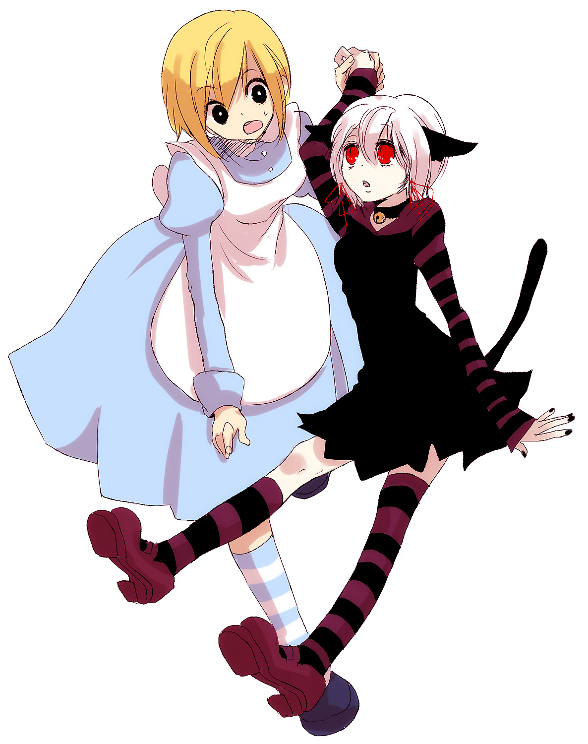 akieru nomaki, alice (alice in wonderland), cheshire cat (alice in wonderland), alice's adventures in wonderland, striped legwear, bad id, bad pixiv id, highres, animal ears, apron, asymmetrical clothes, bell, blonde hair, cat ears, cat tail, dress, hair ribbon, kneehighs, mary janes, red eyes, ribbon, shoes, short hair, single kneehigh, single sock, single thighhigh, slit pupils, socks, striped clothes, striped thighhighs, tail, thighhighs