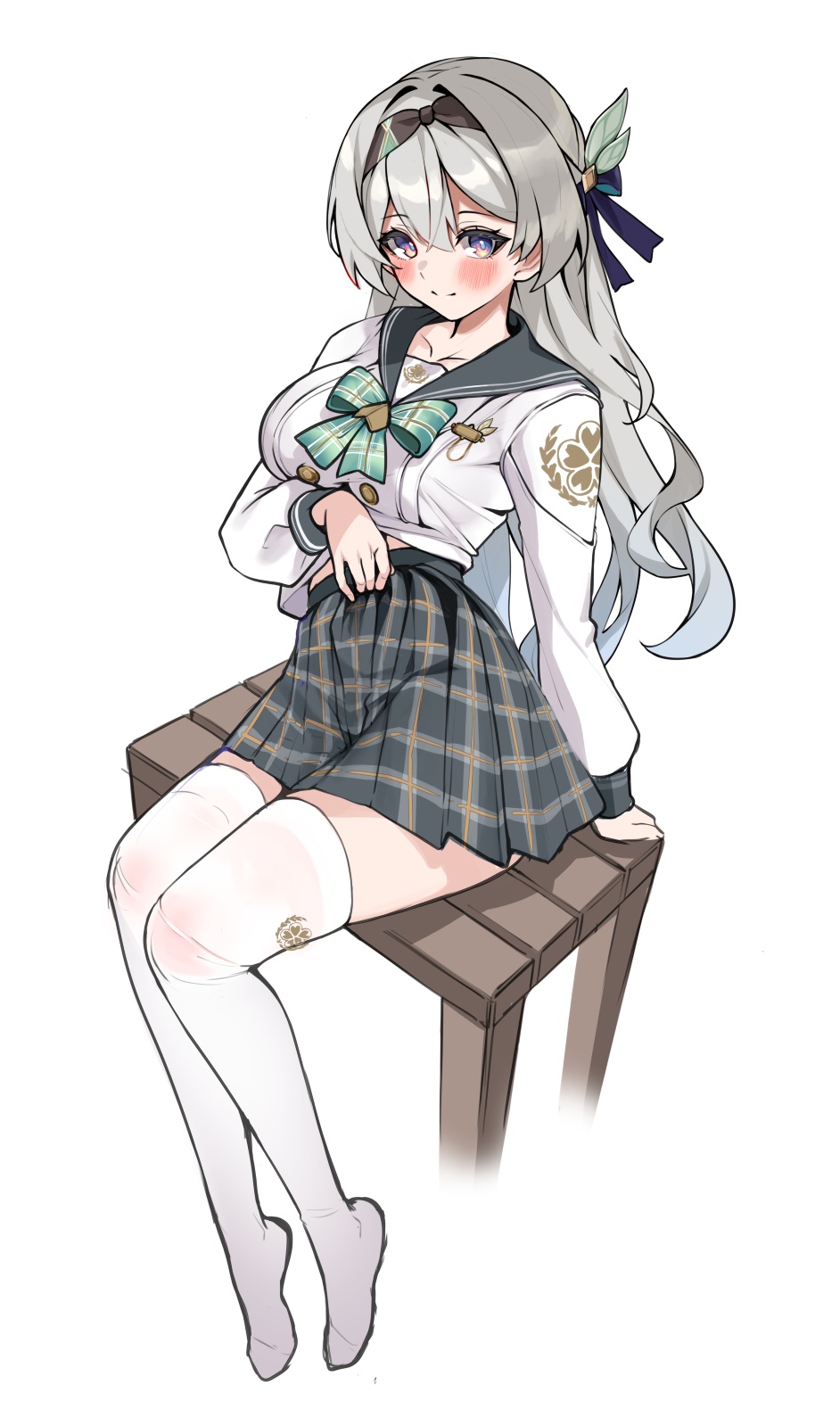 matrix16, firefly (honkai: star rail), firefly (spring missive) (honkai: star rail), honkai: star rail, honkai (series), commentary request, highres, 1girl, black sailor collar, blush, breasts, closed mouth, collarbone, full body, grey hair, grey skirt, long hair, long sleeves, plaid clothes, plaid skirt, purple eyes, sailor collar, school uniform, shadow, shirt, skirt, smile, solo, thighhighs, white background, white shirt, white thighhighs