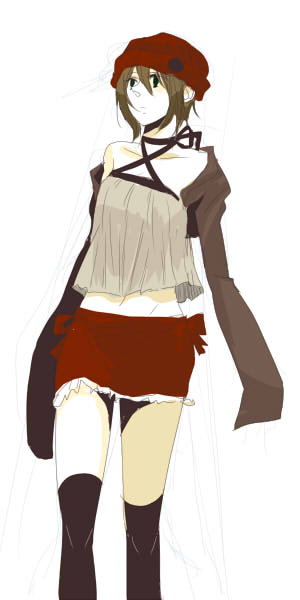 akieru nomaki, zerozaki maiori, zaregoto series, beanie, brown hair, hat, long sleeves, short hair, skirt, solo, thighhighs