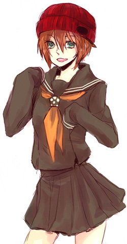 akieru nomaki, zerozaki maiori, zaregoto series, lowres, beanie, green eyes, hat, long sleeves, orange hair, school uniform, serafuku, short hair, skirt, solo
