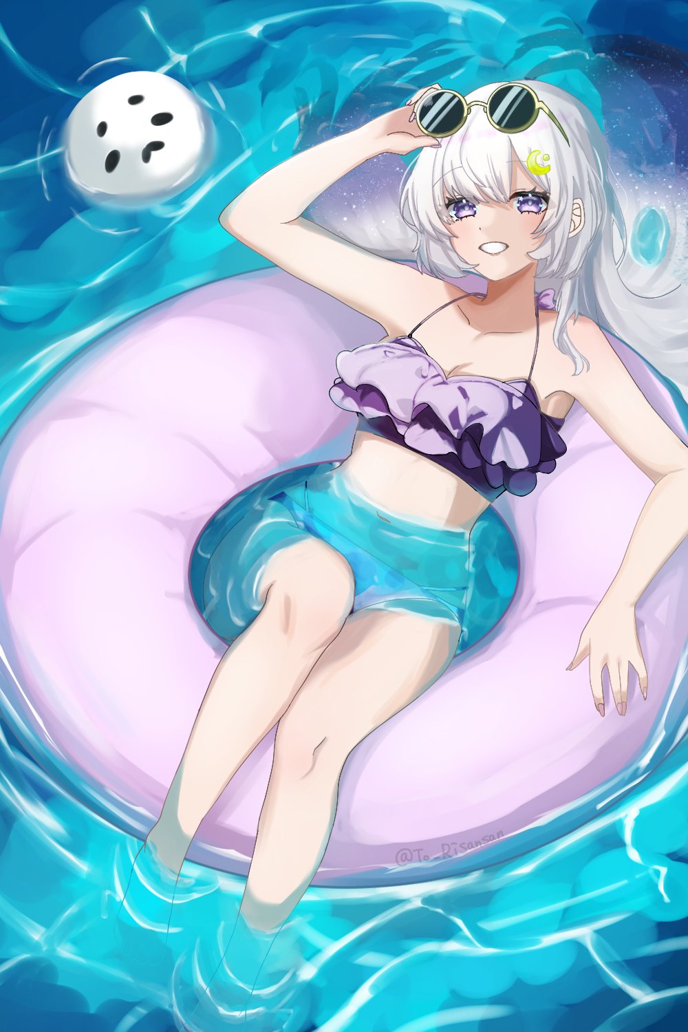 indie virtual youtuber, commentary request, highres, 1girl, bikini, breasts, cleavage, collarbone, crescent, crescent hair ornament, eyewear on head, frilled bikini, frills, hair ornament, hoshimi uni, long hair, navel, purple bikini, purple eyes, smile, swim ring, swimsuit, to risansan, twitter username, virtual youtuber, water, white hair
