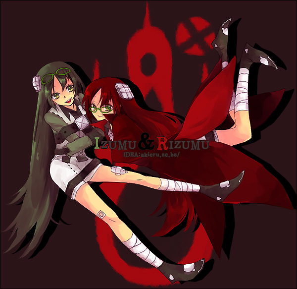 akieru nomaki, niounomiya izumu, niounomiya rizumu, zaregoto series, bandages, glasses, green hair, long hair, red hair, straitjacket