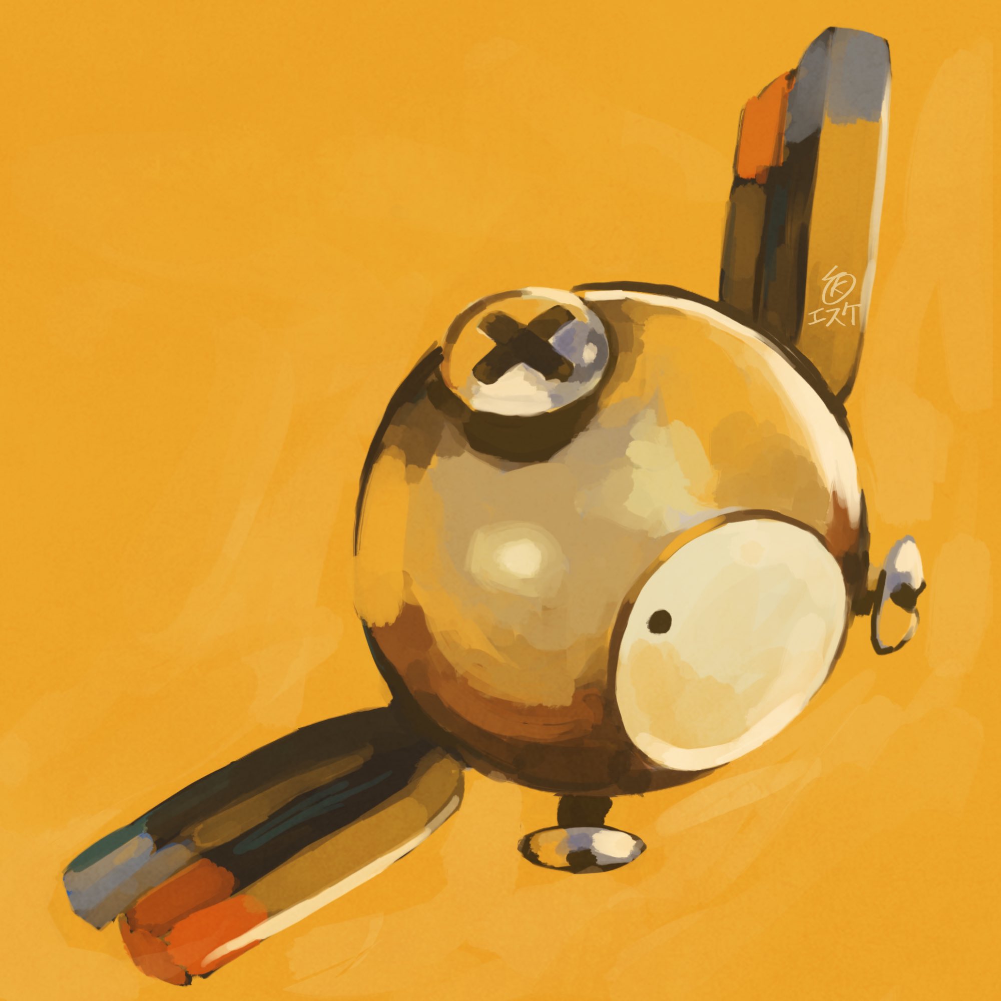esuke coil, magnemite, nintendo, pokemon, highres, full body, gen 1 pokemon, magnet, no humans, one-eyed, pokemon (creature), pokemon focus, screw, simple background, solo, yellow background