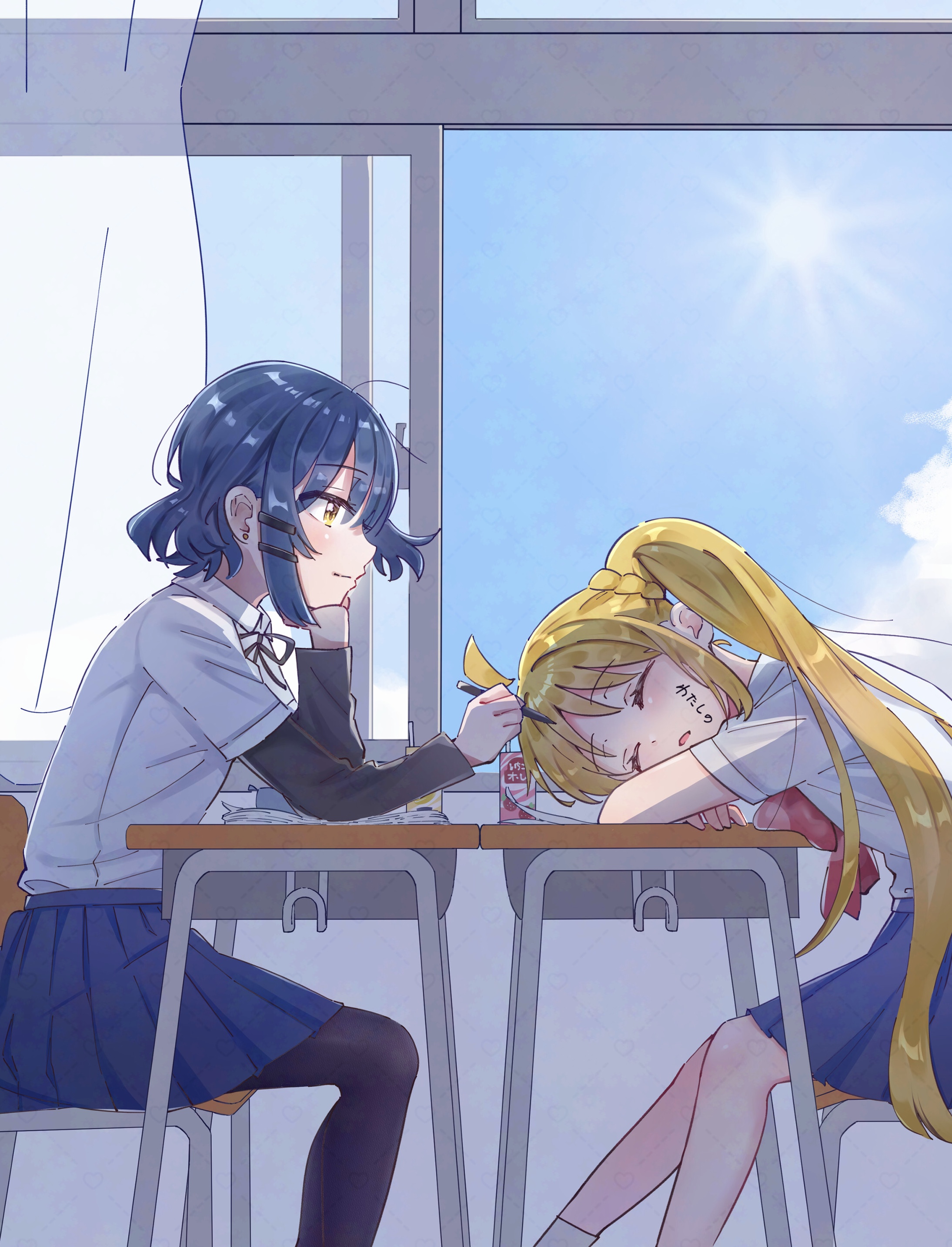 erinko604, ijichi nijika, yamada ryo, bocchi the rock!, comiket 105, absurdres, commentary request, highres, translation request, 2girls, ahoge, black pantyhose, black ribbon, blonde hair, blue hair, blue skirt, blue sky, body writing, braid, chair, classroom, closed eyes, closed mouth, collared shirt, curtains, day, desk, drawing on another's face, earrings, grey shirt, hair ornament, hairclip, hand rest, holding, holding pen, indoors, jewelry, layered sleeves, long hair, long sleeves, looking at another, multiple girls, neck ribbon, on chair, open window, pantyhose, parallel hairclips, parted lips, pen, pleated skirt, ribbon, school chair, school desk, shirt, shirt tucked in, short hair, short over long sleeves, short sleeves, side ponytail, sitting, skirt, sky, sleeping, sleeping upright, stud earrings, sun, very long hair, window