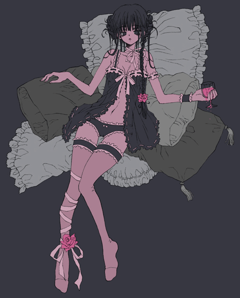 karezel, black hair, braid, panties, pillow, ribbon, solo, thigh gap, thighhighs, thighs, underwear